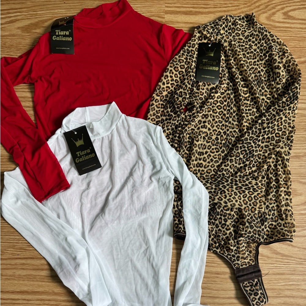 Tiara Galiano Sheer Bodysuits, set of 3: Red, White, and Leopard.